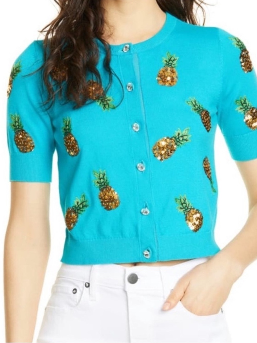 Alice + Olivia Embroidered Pineapple Cardigan Worn in Mean Girls Broadway Play